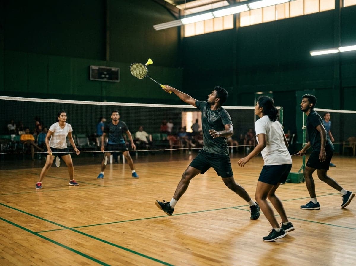 Two pairs playing badminton doubles in an indoor hall