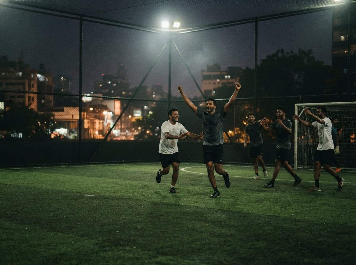 Friends playing five-a-side futsal on a floodlit pitch in the evening
