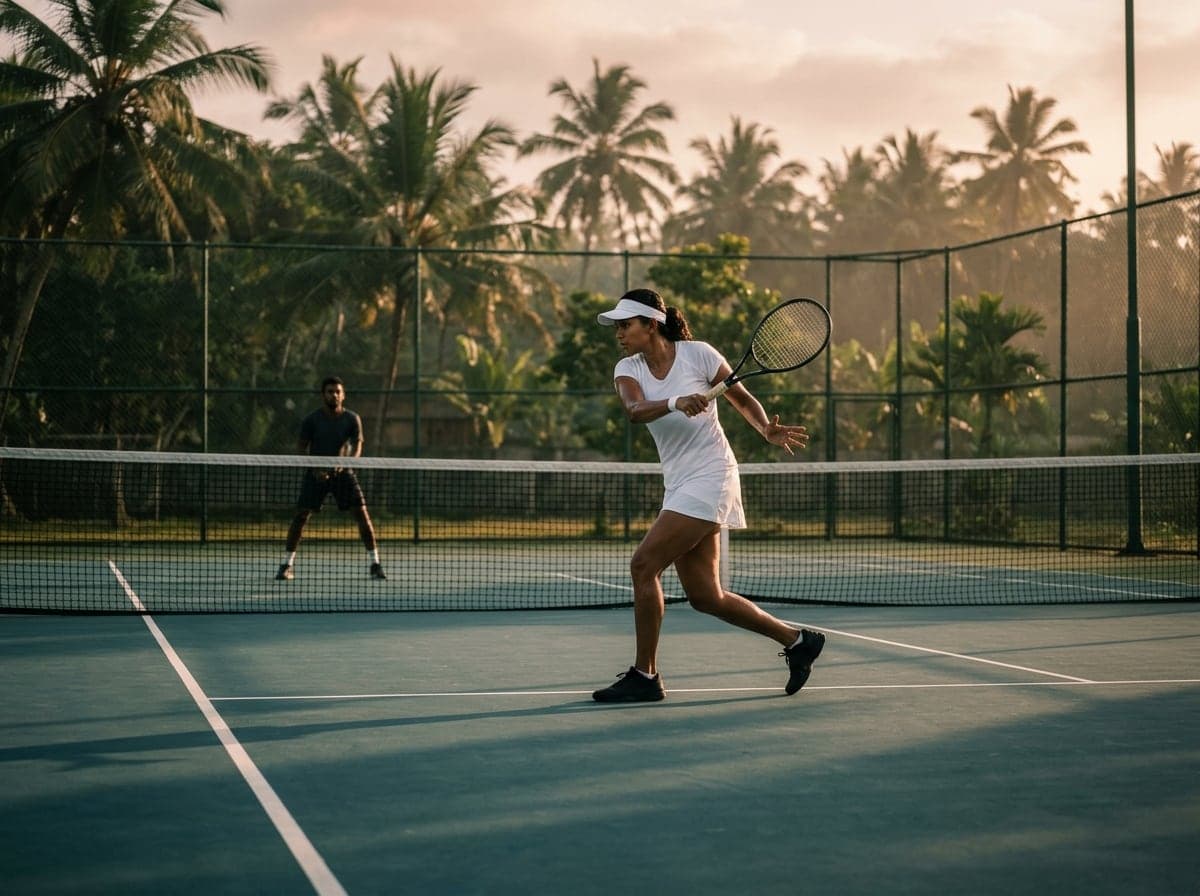 Two players on an outdoor tennis court in early morning light